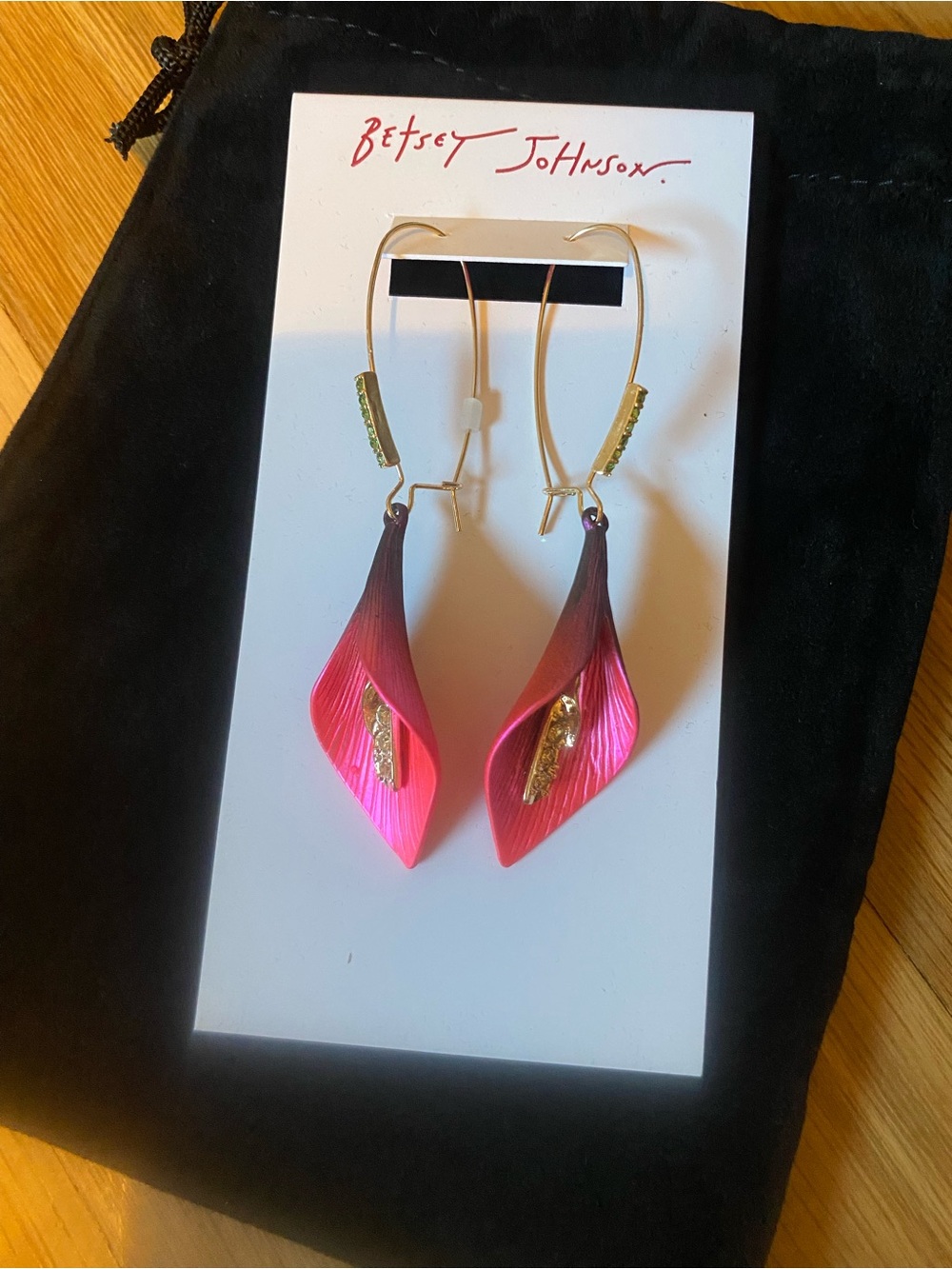 NWT Betsey Johnson Hot Pink Calla Drop Earrings with Gold Accents